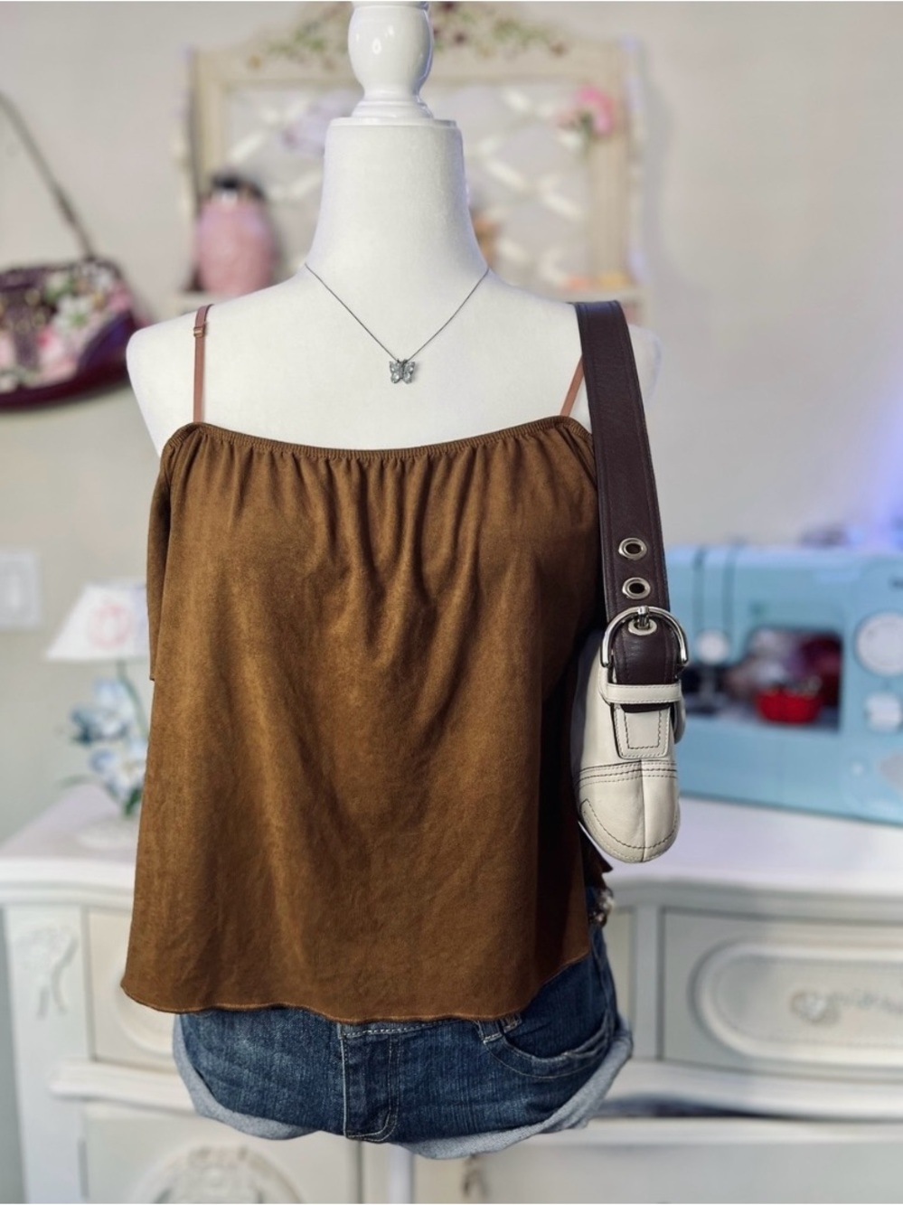Women’s Brown Suede-Look Spaghetti Strap Tank Top